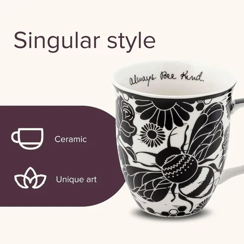 Vista 3 de Karma Gifts - Taza bohemia de 16 onzas, color blanco y negro, diseño de abeja, bonita taza de café y té, tazas de café de cerámica para mujeres