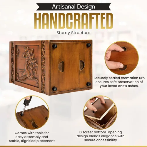 Vista 6 de Urna de cremación grande de madera para cenizas humanas para adultos, colibrí hecha a mano y grabado floral, urna funeraria para madre, padre
