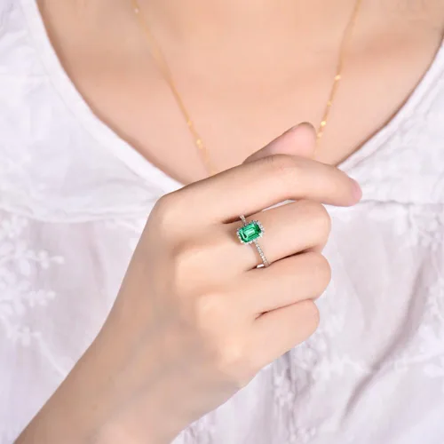 Vista 7 de Lanmi Anillo solitario de compromiso de oro blanco de 14 quilates, con esmeralda verde natural, diamantes para mujer, promoción, Oro blanco de 14