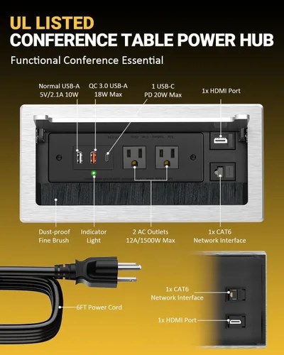 Vista 4 de Concentrador de alimentación para mesa de conferencias de 10 pies, caja de conectividad multimedia con 1 HDMI + 1 RJ45 + USB C de 20 W + 2 USB A + 2