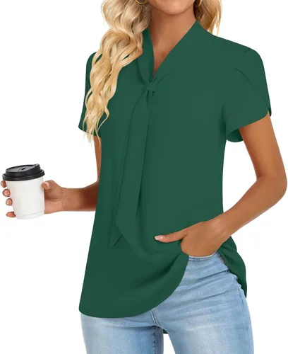 Vista 3 de Anymiss Blusas de trabajo de gasa para mujer, estilo casual, de verano, de manga corta, para primavera