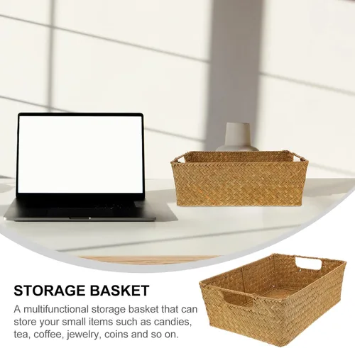 Vista 5 de DOITOOL Cestas tejidas para almacenamiento – Cestas de mimbre de pastos marinos con asa – Cestas de estante naturales cesta rectangular