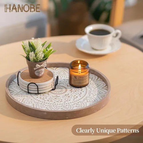 Vista 8 de Hanobe Bandeja Decorativa para Mesa de Café: Bandejas Redondas de Madera para Decoración Bohemia del Hogar, Centro de Mesa Rústico de Granja de 12