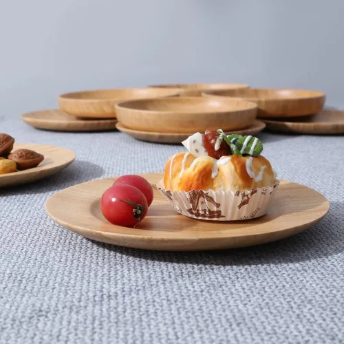 Vista 4 de Platos de Madera para Alimentos Platos de Bambú Platos de Cena Reutilizables Vajilla 2 Piezas Plato Redondo de Madera Liviano para Platos Platos