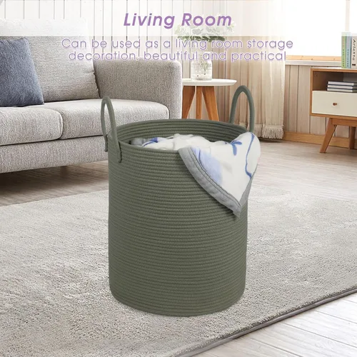 Vista 6 de Cesta de Lavandería Grande, Cesta de Ropa Sucia, Cesta de Almacenamiento de Cuerda de Algodón de 15''x18'' con Asas, cesta para bebé, Almacenamiento