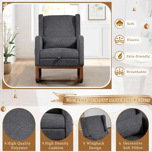 Vista 3 de Mecedora moderna para guardería, cómoda silla mecedora con reposapiés, sillón de lectura acentuado con almohada y bolsillo, mecedora tapizada