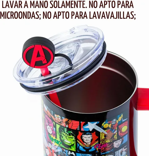 Vista 4 de Silver Buffalo Marvel Avengers - Vaso de acero inoxidable con pajilla, tapa de cubierta, tapa y asa con Iron Man, Capitán América, Blue Beetle
