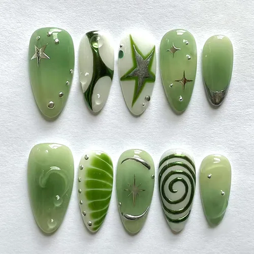 Vista 27 de 24 piezas de uñas postizas de punta francesa a presión, uñas postizas medianas en forma de almendra con diseño de ondas azul oscuro, uñas postizas