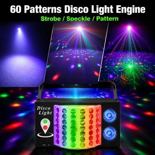 Vista 2 de Luces de fiesta de discoteca 3 en 1, luz estroboscópica LED DJ Rave, proyector de luz de escenario con control remoto activado por sonido, luces