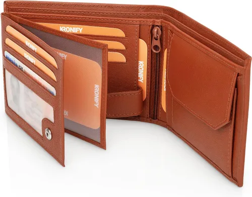 Vista 2 de KRONIFY Men's Leather Wallet RFID Blocking Bifold Trifold Wallet Landscape Format Coin Pocket 13 Card Slots Reinforced Seam Gift Box Included
