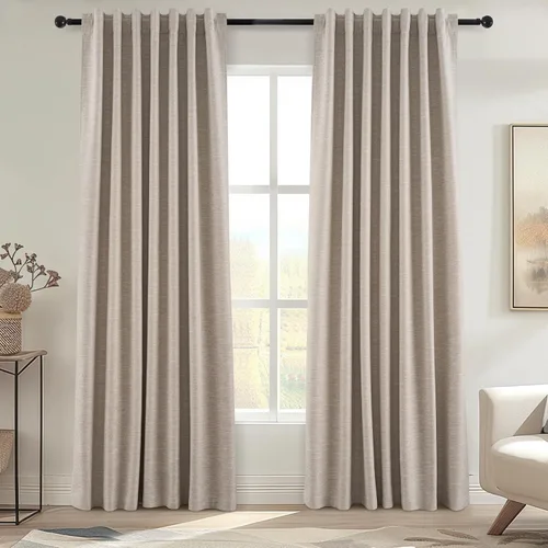 Vista 21 de Topfinel Cortinas opacas, blanco beige, 2 paneles, ventanas pequeñas, textura, mezcla de lino, bohemia, abedul, rural, gancho, bolsillo trasero
