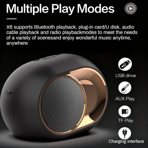 Vista 2 de Altavoz Bluetooth inalámbrico X6, altavoz portátil Bluetooth 5.0 con graves altos, estéreo TWS, múltiples modos de reproducción (TF/USB/AUX/FM)