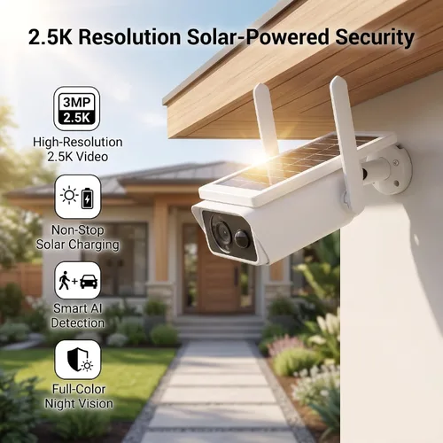 Vista 5 de Solar Security Camera Wireless Outdoor, 3MP 2.5K, AI Human & Vehicle Detection, 360 PTZ View, Color Night Vision, PIR Sensor