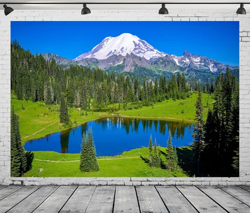 Vista 3 de BELECO Telón de fondo de fotografía de bosque de montaña de 5 x 3 pies, lago azul, pinos, bosque, nieve, montañas, naturaleza, paisaje, senderismo