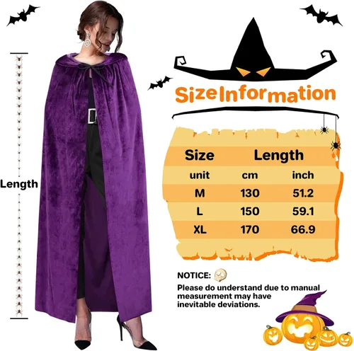 Vista 4 de qikqik Capa de terciopelo con capucha y capa de bruja para adultos, disfraz de cosplay de vampiro, capa de mago