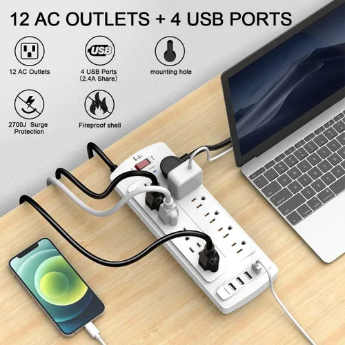 Vista 2 de Tcstei - Protector de sobretensiones con 12 salidas y 4 puertos USB, cable de extensión de 6 pies para el hogar, oficina, artículos esenciales