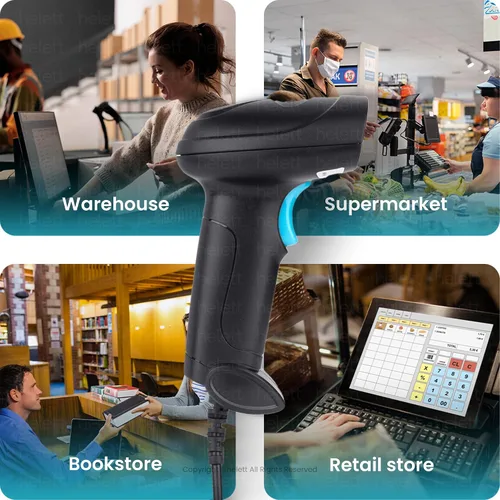 Vista 7 de Helett® HT410 Escáner de código de barras 2D y 1D de mano con cable (código QR y código de barras) Escaneo de inducción con luz de iluminación