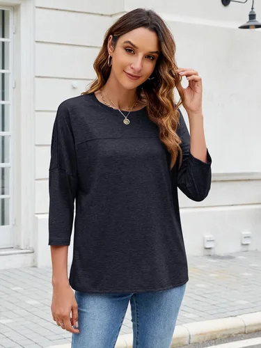 Vista 46 de ZENNILO Camisetas casuales de manga 3/4 para mujer, holgadas, cuello redondo, lindas camisetas básicas