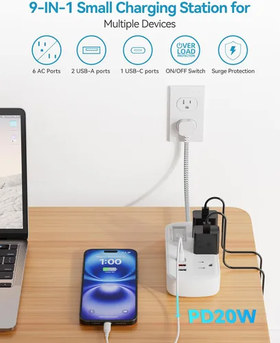 Vista 3 de Regleta de alimentación con protección contra sobretensiones PD de 20 W USB C, regleta de alimentación para viajes con 3 puertos USB (1 USB C) y 6