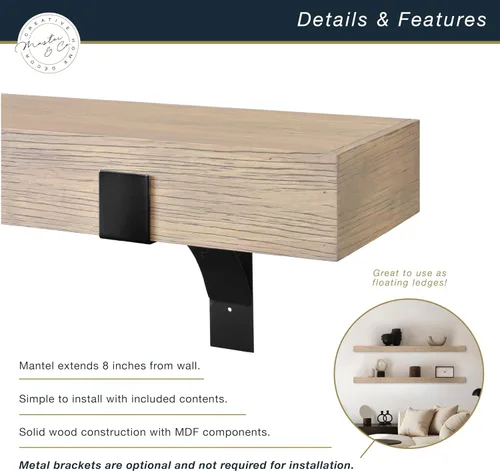 Vista 4 de MCS 183 cm de repisa para chimenea, Master & Co con acabado de grano de madera natural, estante flotante de madera maciza para sala de estar