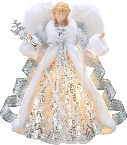 Vista 10 de Valery Madelyn - Decoración iluminada para árbol de Navidad con ángel con temporizador, decoración de ángel pequeño de 12 pulgadas de tela azul