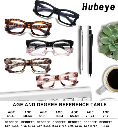 Vista 6 de Hubeye 5 Pairs Fashion Style Square Reading Glasses for Women Men Blue Light Blocking Computer Readers with leather case