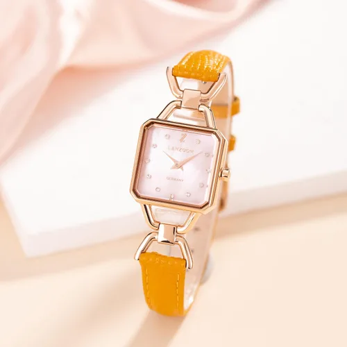 Vista 3 de LANZOOM Reloj de cuarzo para mujer, elegante esfera cuadrada de gradación de cristal nacarado, correa de cuero ajustable marrón y amarillo