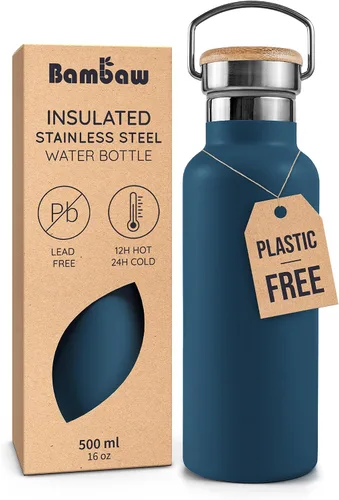 Vista 11 de Bambaw Botella de agua de acero inoxidable de 12 onzas, azul Egeo, 350 ml, de doble pared aislada, a prueba de fugas, apta para lavavajillas, sin