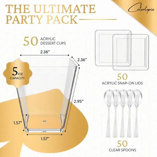 Vista 2 de Mini Copas de Postre con Cucharas (PAQUETE DE 50) (Cucharas Transparentes) (Sin Tapas) – Copas de Plástico de 5 oz para Aperitivos para Parfait