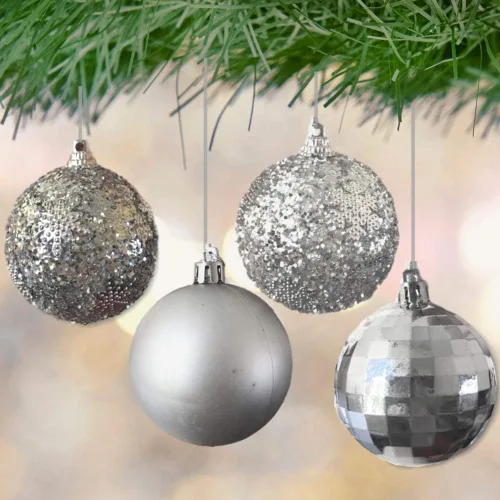 Vista 6 de Adornos de bola de Navidad – 32 adornos plateados – Decoración navideña inastillable – Bolas colgantes – Cuatro acabados – Brillante, Brillante