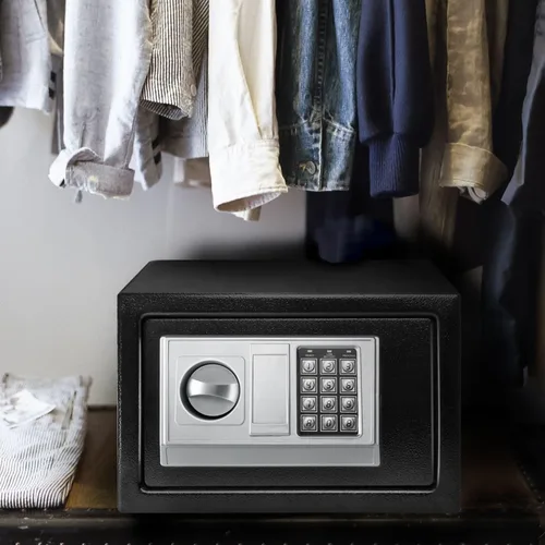 Vista 4 de Flexzion Caja fuerte digital pequeña con teclado, caja fuerte para dinero con teclado electrónico, caja de seguridad digital para el hogar, oficina