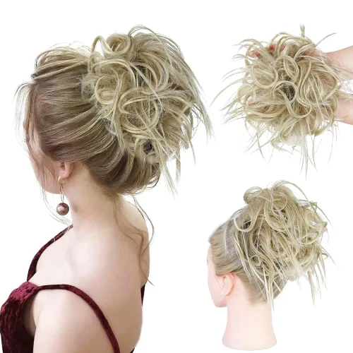 Vista 18 de HMD - Extensiones de cabello tipo chongo alborotado con rodelo despeinado, banda elástica de goma, extensiones de cabello sintético para mujer