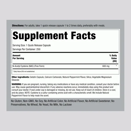 Vista 2 de Piping Rock Suplemento NAC N-acetil cisteína 600 mg 250 cápsulas Pastillas de forma libre para mujeres y hombres Sin OMG, sin gluten