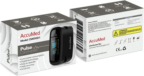 Vista 5 de AccuMed CMS-50D1 Medidor de pulso y oxígeno en sangre para dedo SpO2 Monitor con estuche para transportar. correa y batería, aprobado por la FDA CE
