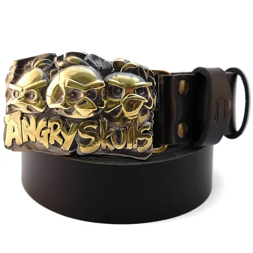 Vista 5 de Belt buckle Angry Skulls, Solid brass handmade belt buckle with birds skulls