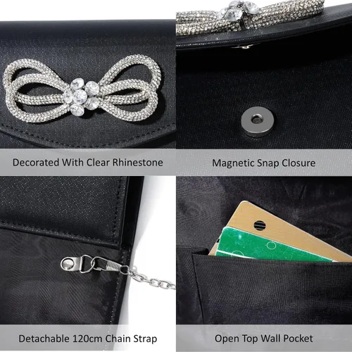 Vista 7 de Bolso de noche para mujer, con lazo de cristal brillante, con solapa, bolso de mano para mujer, boda, fiesta, baile de graduación