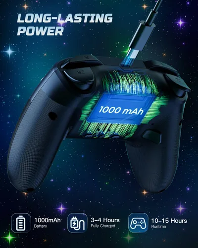 Vista 7 de Switch Controller Compatible with SwitchLiteOLEDPC WindowsiOSAndroid, 1000mAh Programmable Wireless Switch Pro Controller with Cool RGB Star Light