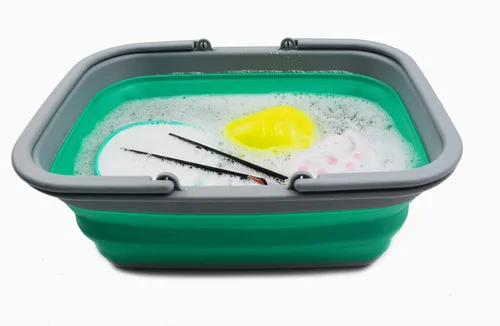 Vista 5 de SAMMART Bañera plegable de 9.2 L (2.37 galones) con asa y colador ovalado sobre el fregadero de 5 litros (verde azulado (cesta) + gris (colador))
