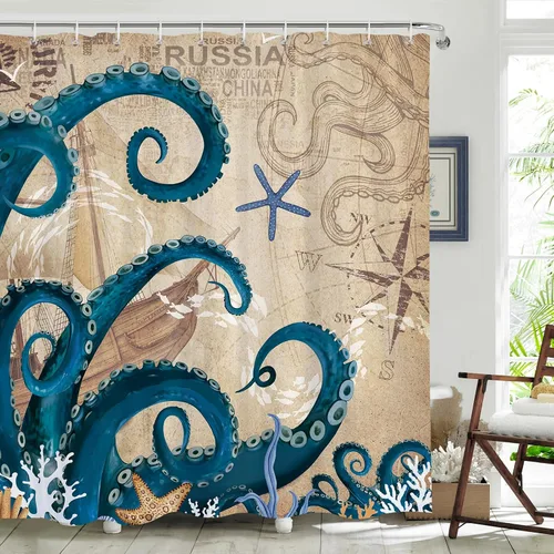 Vista 8 de Dazzlewall Cortina de ducha de pulpo, cortina de baño azul náutico, retro, decoración de baño, tela de poliéster impermeable con 12 ganchos, 72 x 72