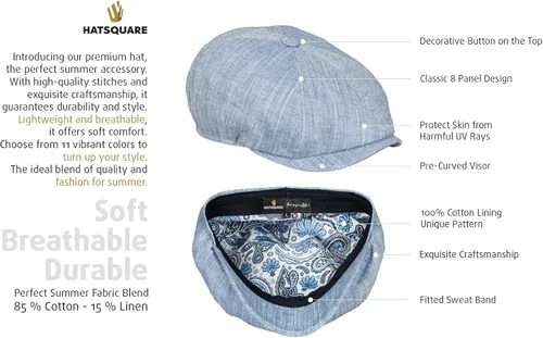 Vista 5 de Gorra de verano de algodón de 8 paneles para hombres y mujeres, sombrero clásico de panadero vintage