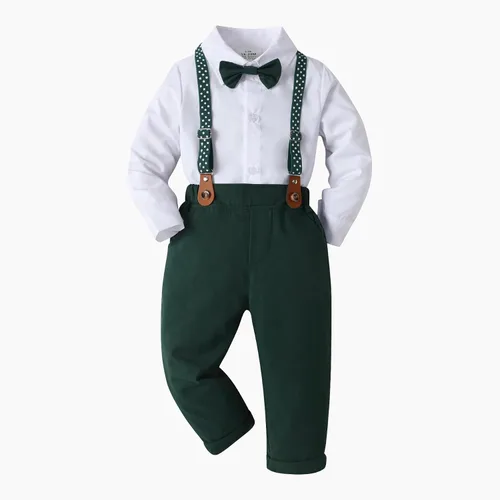 Vista 26 de Conjunto de pantalones para bebé, camisa de manga larga + pantalones + corbatín + tirantes, trajes de caballero para niños pequeños