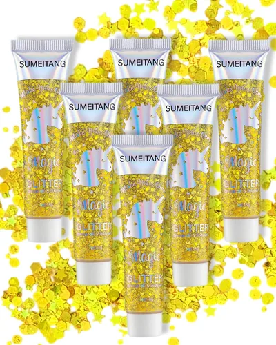Vista 12 de Gel con purpurina para la cara y el cuerpo, 6 colores, con lentejuelas gruesas holográficas, pintura para fiestas, cantantes, conciertos, festivales
