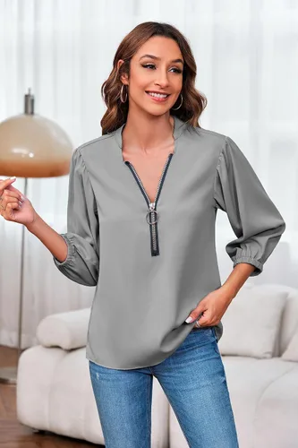 Vista 2 de Cnkwei Blusa con cuello en V para mujer, diseño de cremallera, holgada, informal, para mujer