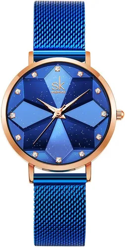Vista 8 de SK Shengke - Reloj ultra delgado de creativo diseño minimalista, floral o de cielo estrellado con extensibles de piel genuina o acero