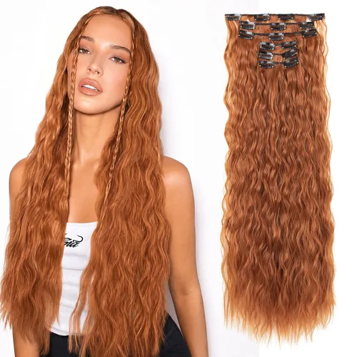 Vista 23 de Extensiones de cabello con clip, 6 unidades, extensiones de cabello largas con ondas de sirena, sintético, postizo para mujer, 24 pulgadas