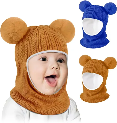 Vista 12 de Conjunto de 2 gorros de invierno para bebé, gorro para niño con calentador de cuello, gorro de punto cálido para clima frío Negro y gris