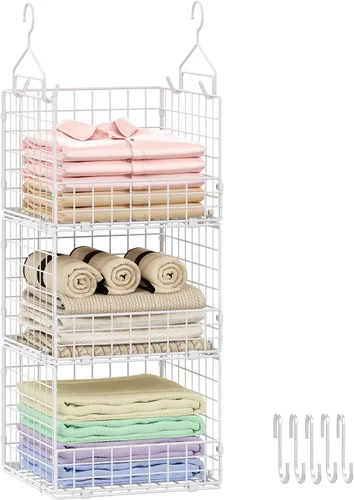 Vista 8 de Sonyabecca Organizador colgante de armario extra grande de 3 niveles con divisores, estantes colgantes de ropa con 2 ganchos para colgar y 5 ganchos