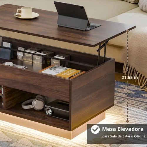 Vista 6 de HOMMPA Mesa de centro moderna con tapa elevable con almacenamiento para sala de estar, mesa de centro LED, mesa de comedor Wodden Lift