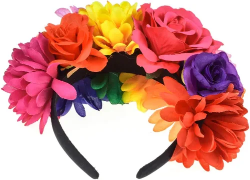 Vista 3 de DreamLily Frida Kahlo NC26 - Diadema con corona de rosas mexicanas para disfraz de fiesta de Halloween