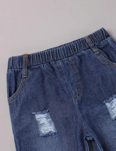 Vista 5 de oklady Ropa para niño pequeño, sudadera de manga larga con letras y pantalones de mezclilla rasgados, trajes de otoño e invierno para niños, 2-6T